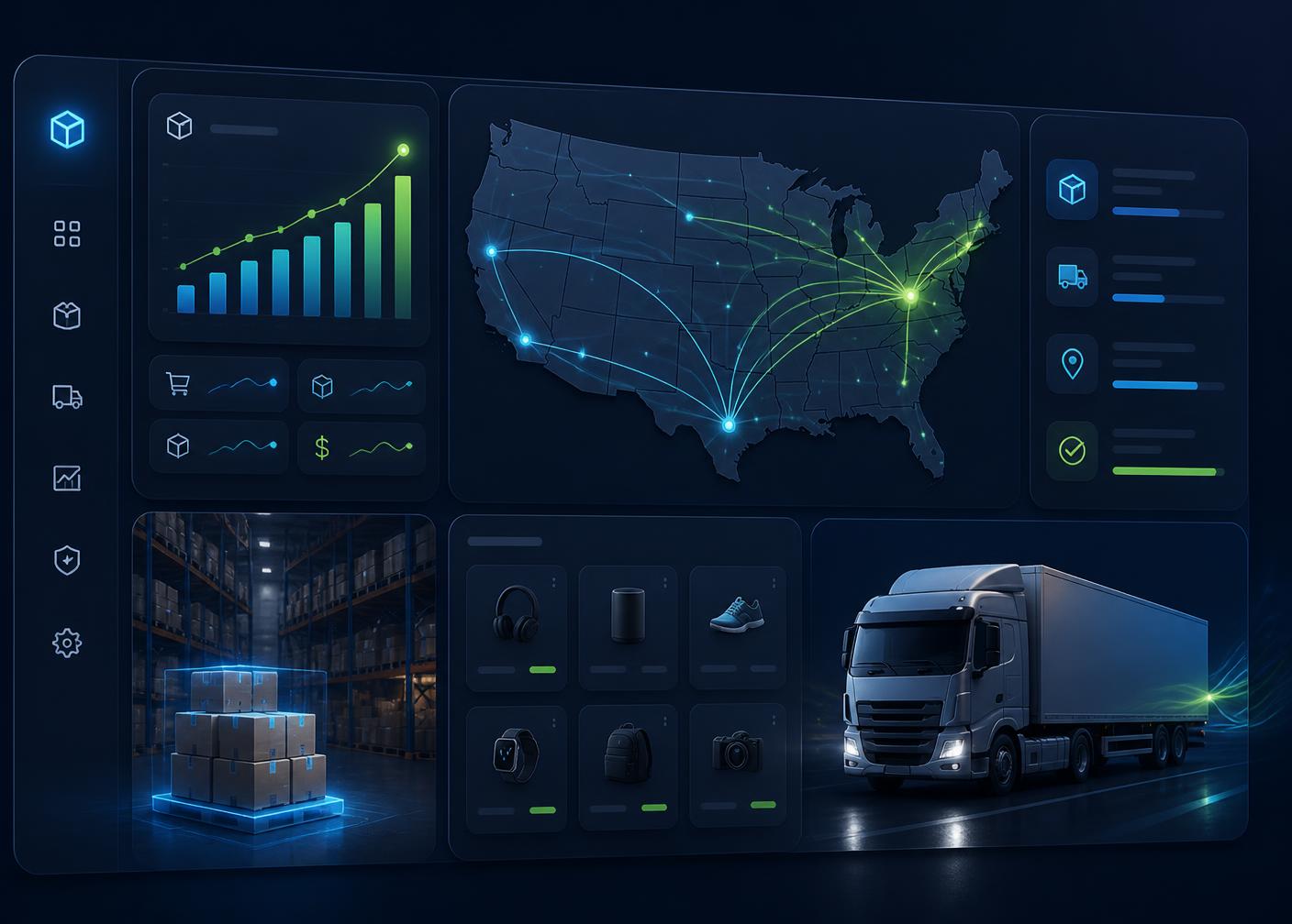 NovairDirect BD warehouse dashboard showing US shipping routes, live order analytics, and same-day fulfillment